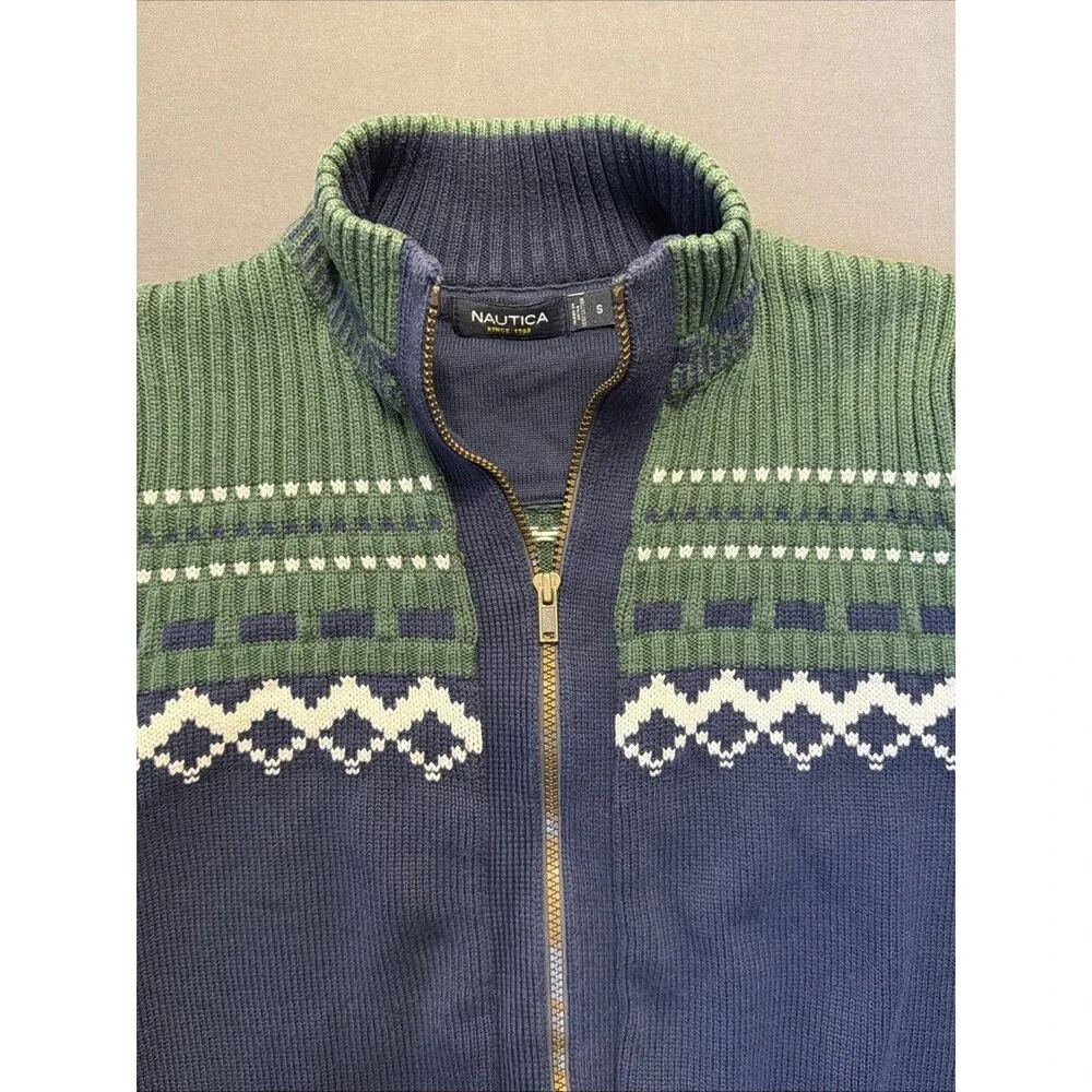 VTG Nautica Fair Isle Cardigan Sweater Men’s S 100% Cotton Full Zip Navy Green